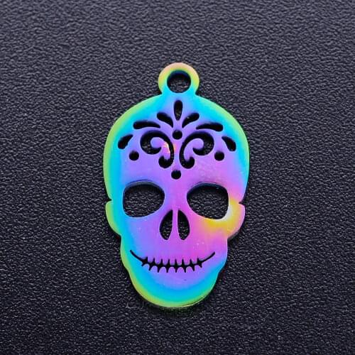 5pcs/lot 100% Stainless Steel Sweet Skull Halloween diy Charms With Rainbow Plated Wholesale Never Rust Charm for Necklace