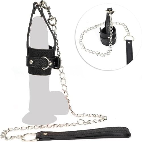 BDSM Adult Games Leather Penis Ring Metal Traction Chain For Penis Bondage Cosplay Fetish Erotic Toys Sex Toys For Couple