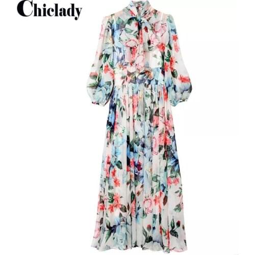 CHICLADY flower printed bow collar chiffon summer holiday dress for women holiday floral kleid vocation boho dresses femme mujer