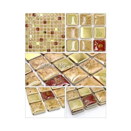 Khaki and red ceramic mixed gold foil metal mosaic tiles for kitchen backsplash dining room courtyard garden wall tile