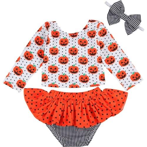 Infant Newborn Baby Halloween Clothes Set with Pumpkin Toddler Girls Long Sleeve Shirt Tops + Short Skirt + Bow-knot Headdress