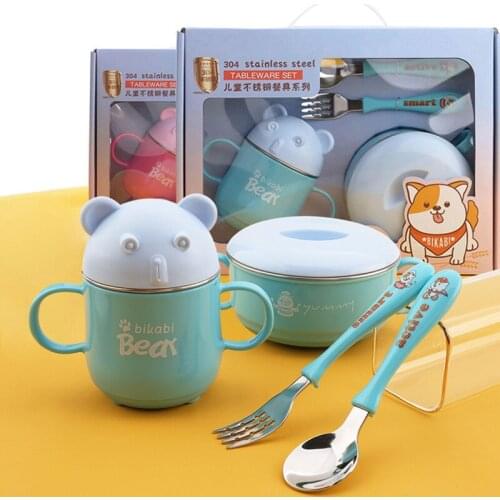 4 Pieces Children Assisted Dishes Bowl Set Baby Feeding Milk Cup Spoon Fork Sets Stainless Steel Lovely Kids Dinnerware Sets