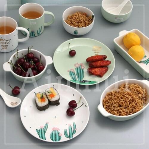 EECAMAIL Jingdezhen Creative Personality Household Porcelain Tableware Bowl Set Cactus Pattern Baking plate Dessert plate