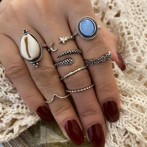 Ethnic Silver Color Snake Stone Big Shell Rings Set For Women Moon Knuckle Rings Finger Ring 2021 NEW Jewelry
