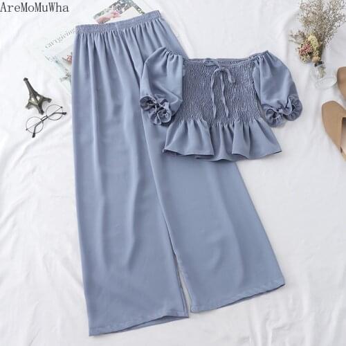 AreMoMuWha 2019 Summer New Temperament Wild Fashion Puff Sleeves Slim Shirt + High Waist Wide Leg Pants Two-piece Set SweetMH373