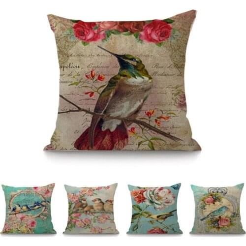 Cotton Linen Square 18" Flower Bird Retro Cushion 45x45 Home Decorative Cushion Sofa Throw Pillow Cojines Cotton Linen Fundas