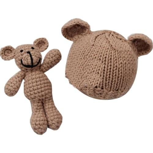 Cute Newborn Photography Prop Infant Baby Knitted Beanie Cap Cartoon Bear Doll
