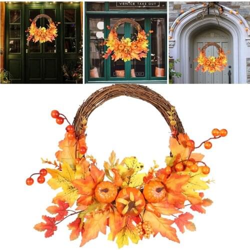 Autumn Theme Halloween Door Wreath Artificial Pumpkin Berries Pine Cone Fruit Branch Maple Manmade Garland Rattan Home Decor