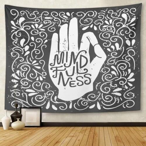 Mindfulness with White Hand Silhouette in Pose Jnana Chin Mudra and Lettering on Black Swirls Yoga Tapestry Wall Hanging