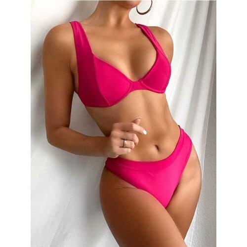 Wired Push Up Top Swim Suits Rose Red Swimsuit 2 Piece Bikini Set 2021 Summer Swimwear Woman Costume Solid Beachwear Bikiny