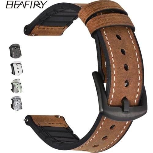 BEAFIRY 20mm 22mm Genuine Leather+Silicone Rubber Watch Band Straps For Men Women Quick Release Spring Bar Watchbands Waterproof