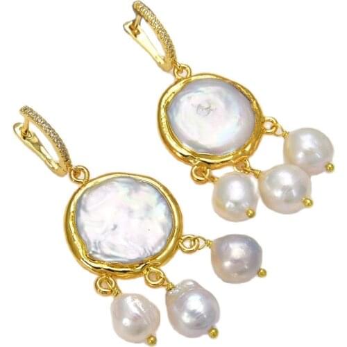GG Jewelry Natural Pearl Cultured White Coin freshwater Pearl Keshi Pearl Dangle CZ Zircon Hook Earrings trendy for women