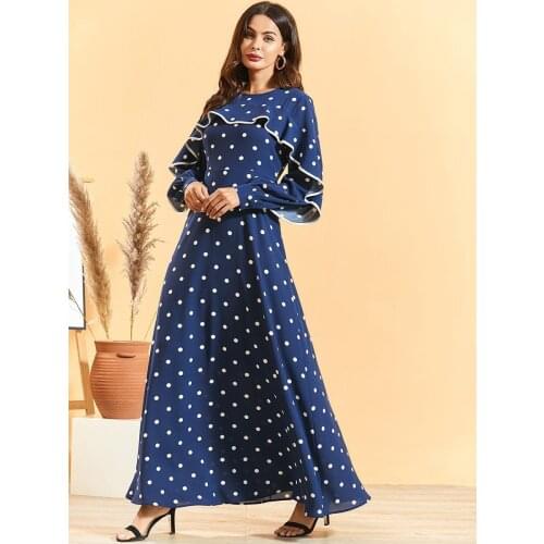 Blue Polka Dot Ruffled Maxi Dress Elegant Fashion Plus Size Slim Waist A Line Dresses 2020 Long Sleeve O Neck RH536