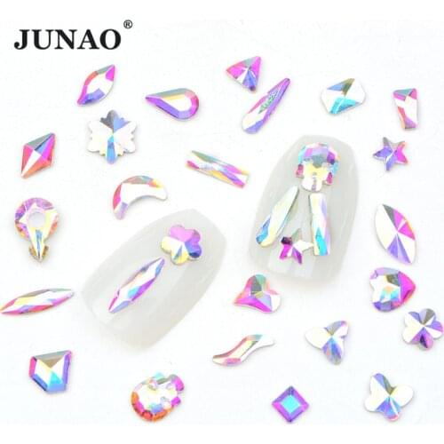 JUNAO 50pcs Mixed Fancy Shape AB Color Nail Glass Rhinestones Flatback Drop Crystal Strass Glass Nail Stones For DIY Crafts