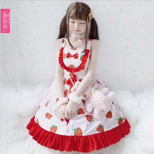 Japanese Mori Girl JSK Spaghetti Strap Strawberry Lolita Dress Lolita Cute Kawaii Girl Cherry JSK Tea Party Dress Cos Loli