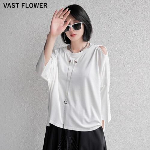 Women Black Zipper Off Shoulder T-Shirt New Loose Casual O-Neck Three Quarter Sleeve Tee Shirt Tops Clothes Fashion Summer 2021