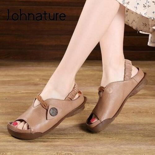 Johnature Women Sandals Genuine Leather Retro Women Shoes 2020 New Flat With Elastic Band Sewing Casual Handmade Ladies Sandals