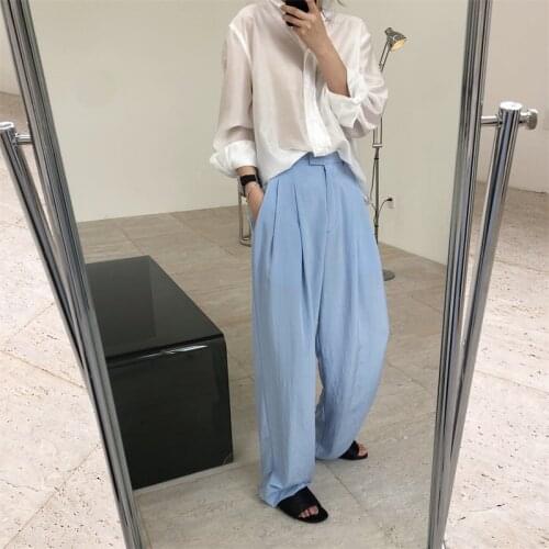 2021 New Summer Elegant Female Wide Leg Trousers Loose Solid Color Fashion Women Pants Casual High Quality Ladies Bottoms T50