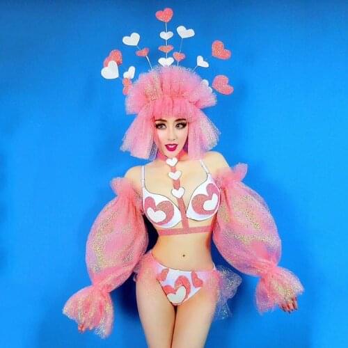 Nightclub GOGO Dance Costume Bikini Headgear Female Singers Wear Performance Puff Sleeves Set Rave Valentine Festival Clothing