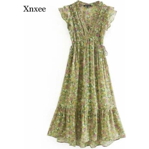 Womens Summer V Neck Floral Printed a Line Dress New Sexy Short Sleeved Dresses Fashion Drawstring Ruffle Country Style Clothes