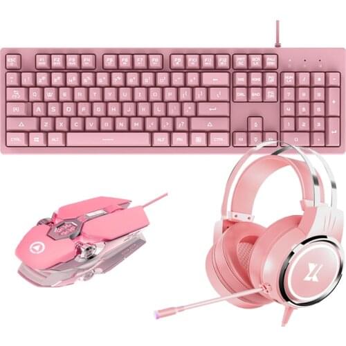 3 IN 1 Keyboard Mouse Earphone Gaming Combos 104 Keys Wired Pink Keyboard White Backlit 3200DPI Mouse Setro Earphone Microphone