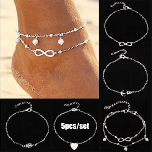 5pcs/set Bohemia Gold Color Simple Chain Anklets For Women Beach Foot Jewelry Leg Chain Ankle Bracelets Women Accessories
