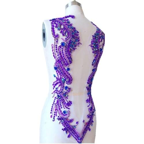 Hand made purple sew on Rhinestones applique on mesh crystal patches trim 62*39cm for dress back