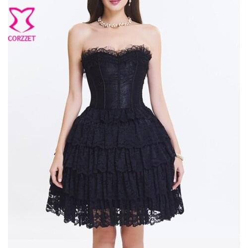 Black Floral Lace & Satin Ruffle Trim Gothic Corset Dress Steampunk Corsetto Sexy Burlesque Costumes Victorian Korsett For Women