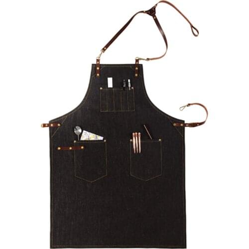 Black Denim Bib Apron Leather Strap Barista Bakery Bartender Chef Uniform Barber Florist Artist Painter Gardener Work Wear K56