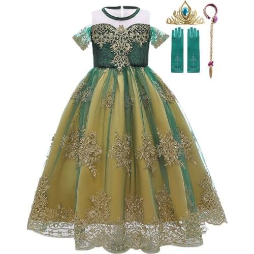2021 New Anna Green Dress For Girl Summer Lace Tulle Princess Cosplay Costume Children Birthday Holiday Party Clothing 3-10Years