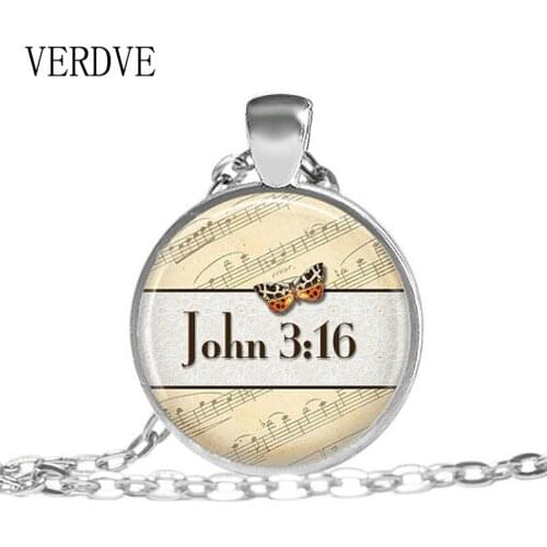 John 3:16 God Necklace Bible Christian Jewelry Religious Necklace Butterfly Pattern Cabochon Dome Pendant Charm Gifts