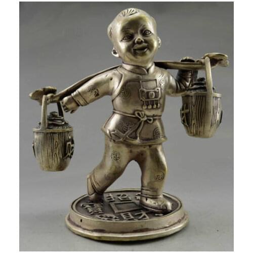 Exquisite Collectible Decoration Chinese Tibetan Silver Cute Kid Holding Bucket Bring Money Coin Statue