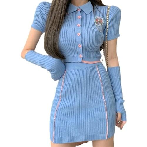 Preppy Style Fashion Women Two Pieces Set Knit Short Sleeve Slim Short T-shirt Cardigan&Mini Dress Suits 2pc Skirt Sets Outfits