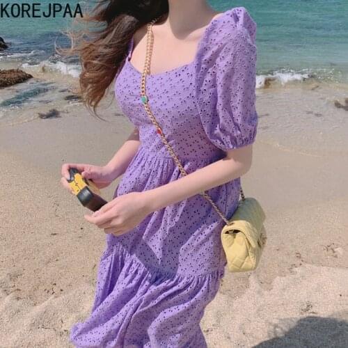 Korejpaa Women Dress 2021 Summer Ladies Gentle Violet Slimming Square Neck Jacquard Hollow Slim High Waist Puff Sleeve Vestidos