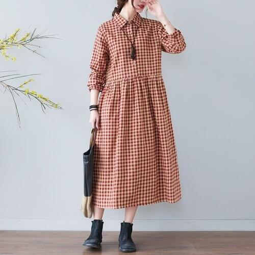 Korea Fashion Preppy Style Plaid Blouse Dress 2021 New Arrival Long Sleeve Spring Dress Cotton Linen Travel Casual Women Dress