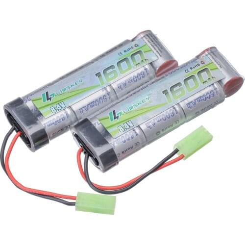 Limskey 2pcs 7S 2/3A 8.4V 1600mAh NiMH Flat Battery with Mini Tamiya Connector for Airsoft Guns MP5, Scar, M249, M240B, M60, G36