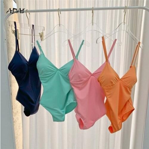 Swimsuit One Piece Swimwear Women Deep V-Neck High Cut Swimming Bathing Suits Candy Color Bikini Set Bodysuit Backless Monokini