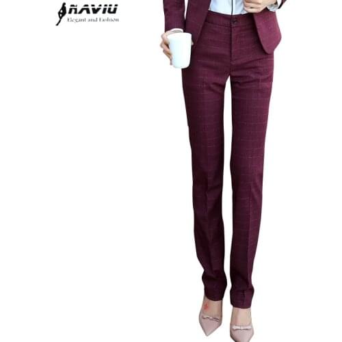 Fashion Spring Women Plaid Trousers Plus Size New Office Ladies Solid Color Slim Mid Waist Pants Navy Blue Black Wine Red