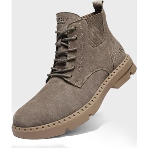 Fashion high-end leather mens Martin boots, casual non-slip work boots, high-top motorcycle boots, lace-up brown handmade boots