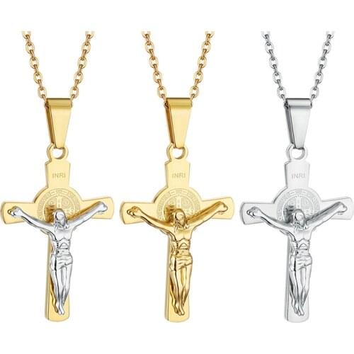 Vintage Cross INRI Jesus Cross Crucifix Pendant&Necklaces Men Christian Link Chain Fashion Jewelry Gold Silver Color Necklace