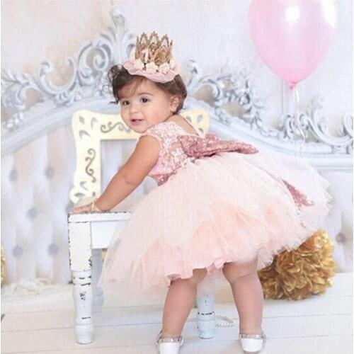 Pink Backless Princess Gold Bow Baby Dress for Girl Baptism Christening 1st Birthday Party Newborn Gift Infant Tutu Girls Gown