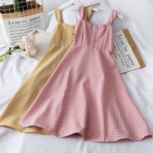 Sanishroly Summer Women High Waist Plaid Dress Sweet Button Spaghetti Strap Dresses Female Sleeveless A-Line Long Vestidos CD145