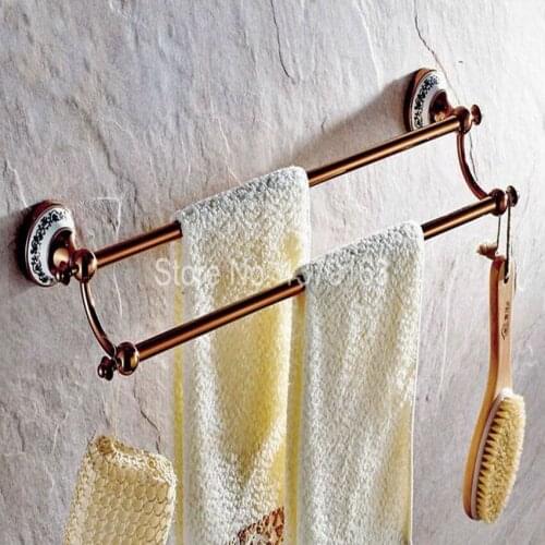 Luxury Rose Gold Brass Ceramic Base Wall Mounted Bathroom Double Towel Bar Towel Rack Towel Rails Holder Bath Fittingaba382