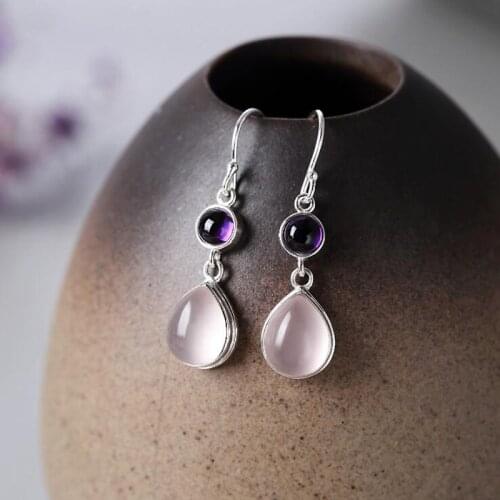 Pink/Purple Natural Amethyst/Rose Quartz Stone 925 Sterling Silver Hook Earrings for Women Trendy Long Earring Jewelry YEA226