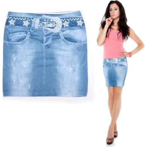 Sexy Ladies Blue Skinny Jeans Elastic Imitation Denim Bag Hip Short Mini Skirt