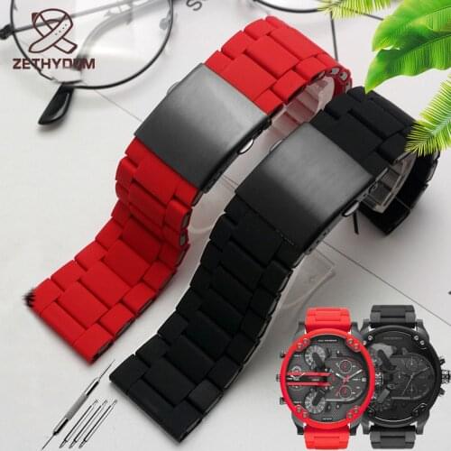 28mm silicone waterproof bracelet strap mens watchband DZ7396/DZ7370/DZ428 rubber and stainless
