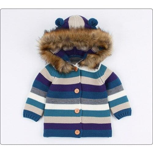 Baby Girls Sweater Autumn Toddler Baby Boys Sweaters Hooded Winter Fur Collar Baby Cardigan Knitted Baby Girls Jacket And Coat
