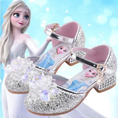 Disney Frozen Girls High Heel Shoes Princess Dance Shoes For Baby Girls Fashion Crystal Shoes Elsa Sandals Pink Blue