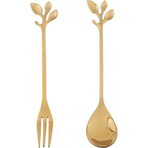 1 Pcs Stainless Steel Leaves Spoon Fork Coffee Tea Spoons Ice Cream Dessert Cake TUE88