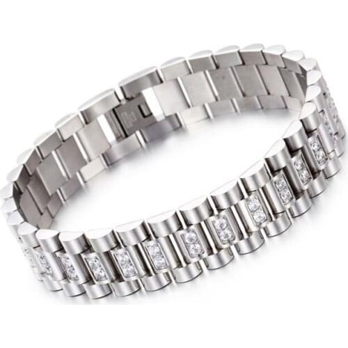 High Quality AAA Cubic zirconia Stainless Steel chain Link Bracelet wristwatch Bling Jewelry for Mens 15mm 8.8